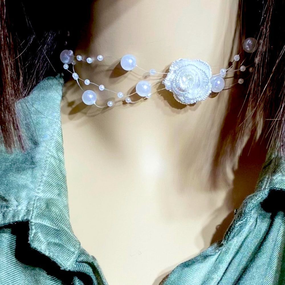 White Floral Rose Pearls Choker Necklace NEW